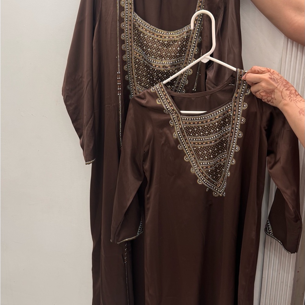 Chic Brown Embellished Long Sleeve Dress
